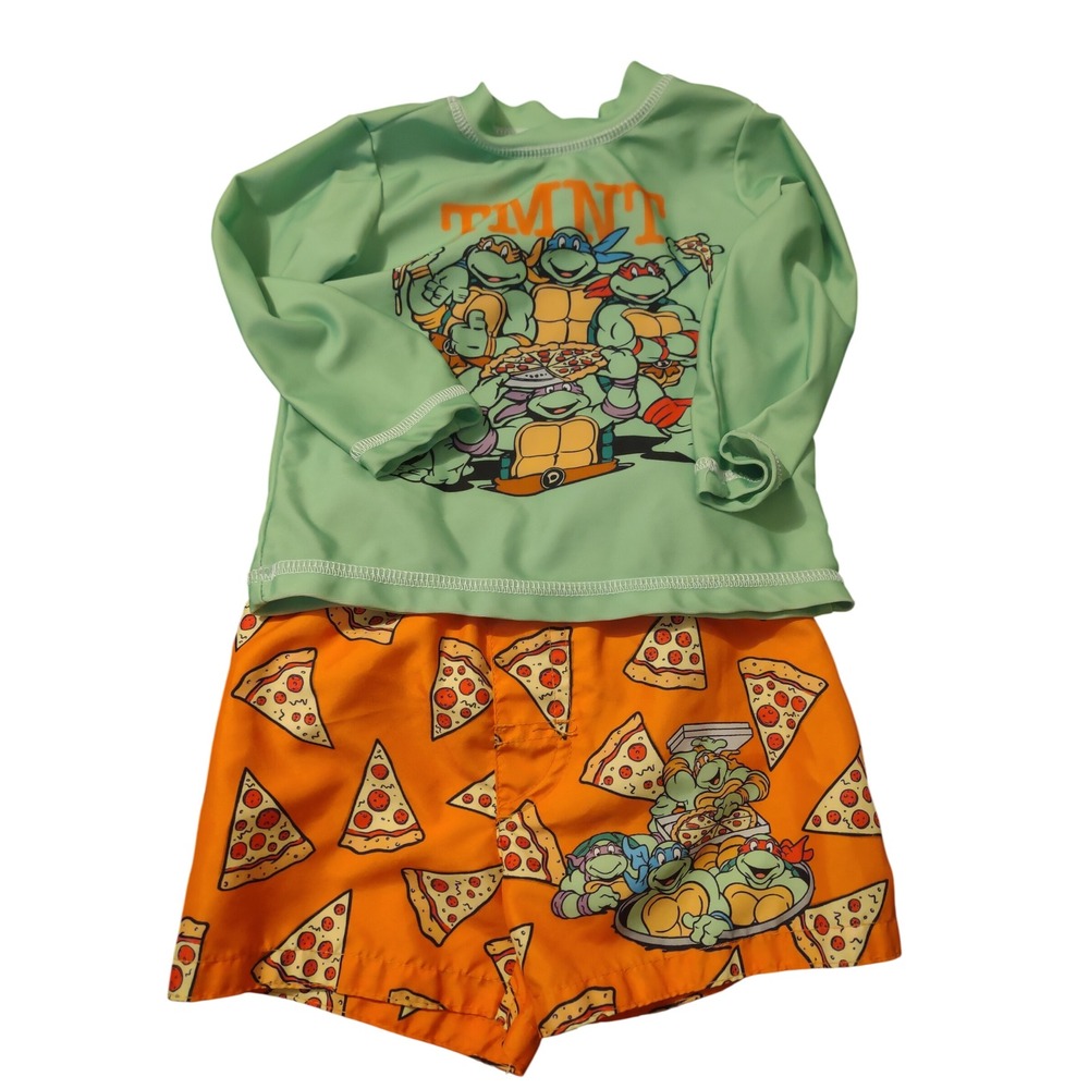 Nickelodeon TMNT Ninja Turtles Pizza Rash Guard Swim Trunks Set 12M Green Orange